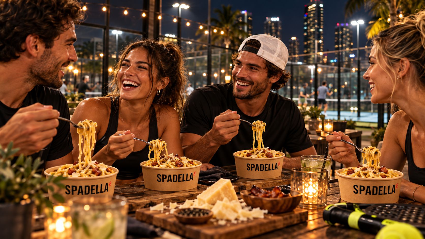 Friends eating SPADELLA pasta by the padel courts at night in Miami