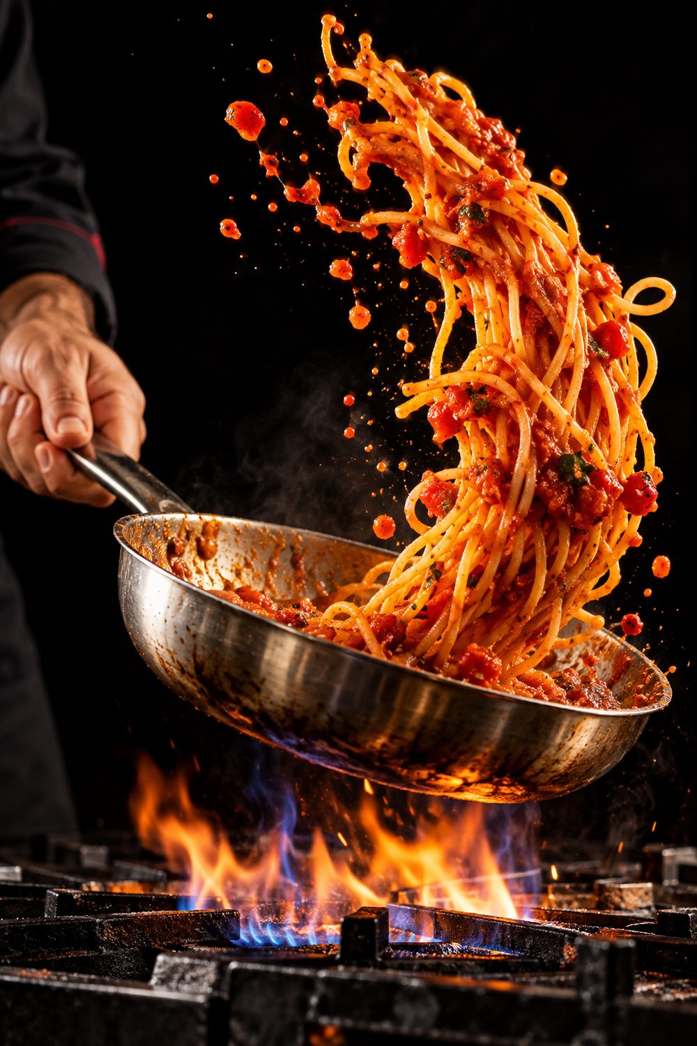 A chef tossing spaghetti high above a steel pan over the flame